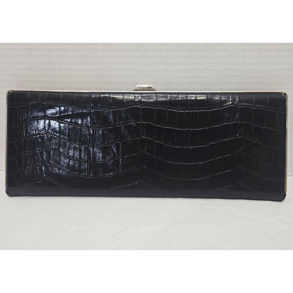 Vintage Style Black Faux Crocodile Embossed Frame Clutch Wallet Organizer EUC